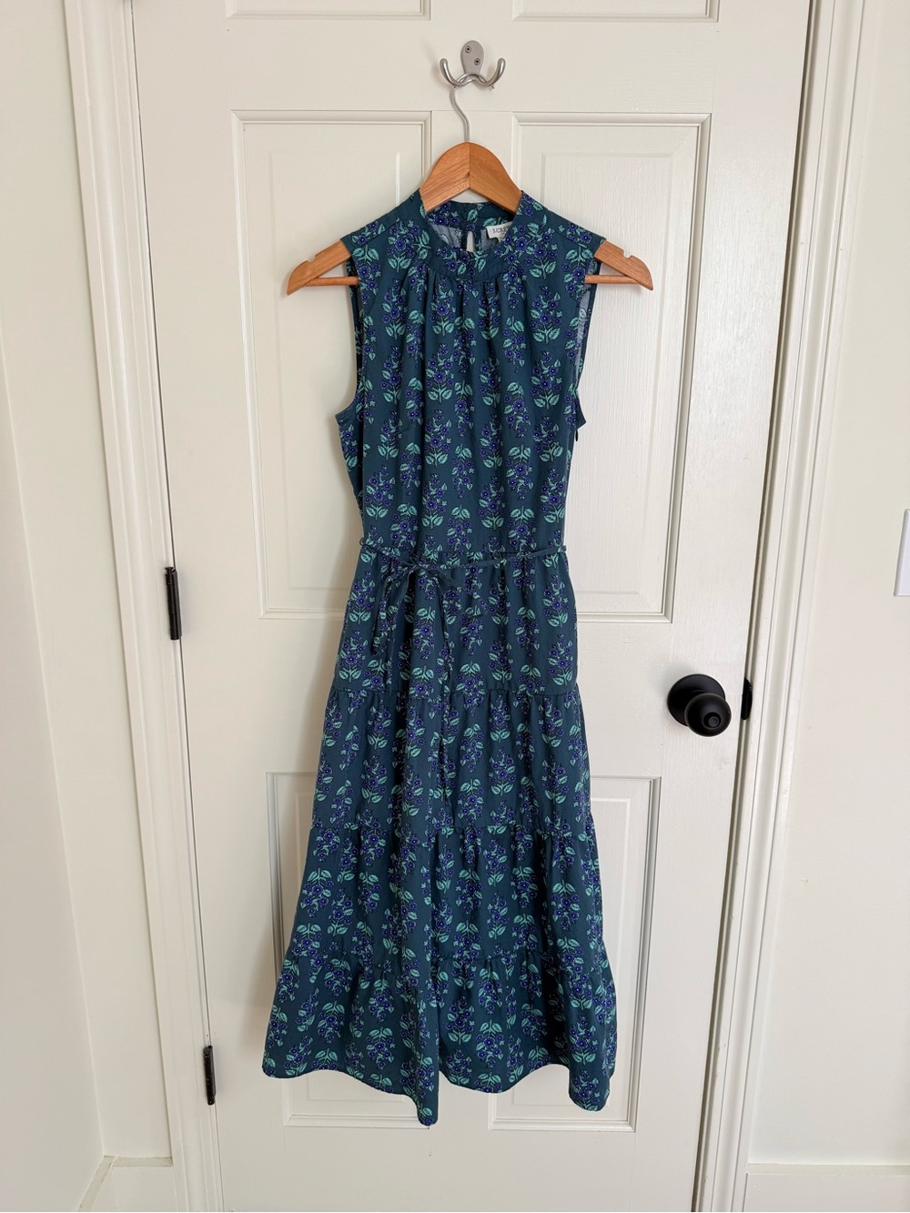 J.Crew Floral Sleeveless Tiered Midi Dress Blue Green Tie Waist